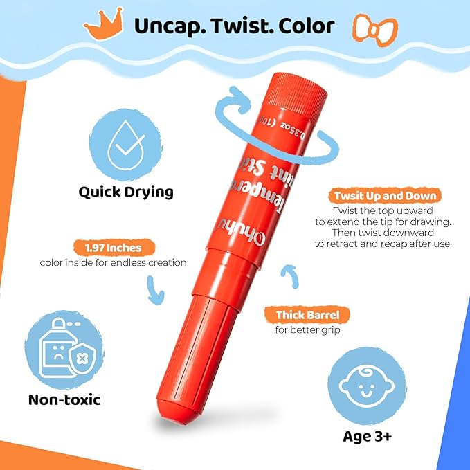 Ohuhu 36-Color Washable Tempera Paint Sticks for Kids, Non-Toxic Quick-Drying Paint Set for Drawing, Graffiti & Crafting - Works on Paper, Glass, Wood, Ceramic, Canvas & Rock