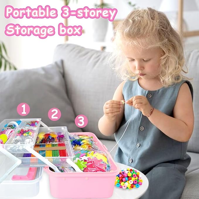 3000 Arts and Crafts Supplies for Kids Craft Kit All in 3 Layered Craft Box with Pipe Cleaners Crafts for Kids Age 4-6, 6-8, 8-12 DIY School Supplies Materials Set Toys Gifts for Girls Boys, Pink
