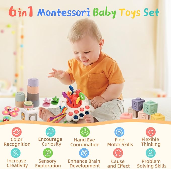 6 in 1 Baby Toys 0-6 Months, Montessori Toys for 6-12 Months, Infant Sensory Pull String Toy, Fidget Spinners Soft Buliding Blocks & Stacking Cups for Toddlers 1-3, Baby Gifts for Boys Girls