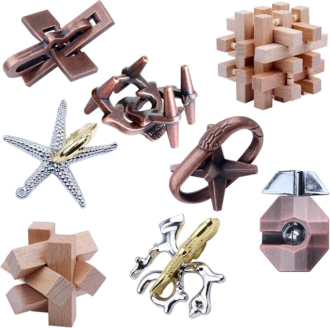 8 Pieces Wooden and Metal Brain Teaser Puzzles 3D Education Toys for Adults and Kids IQ Logic Training Family Game Party Favor Coffee Table Time Unlock Interlock Mind Puzzles Box