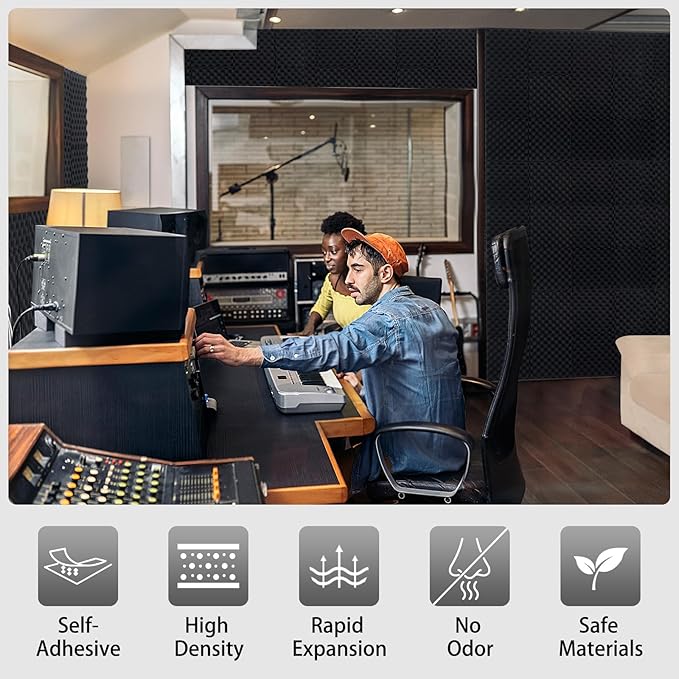 24 Pack Sound Proof Foam Panels for Wall,Self Adhesive Acoustic Panels,12" X 12" X 1.2" Egg Crate Soundproof Wall Panels for Studio,Room Acoustic Treatment Foam,Sound Absorbing Foam Black