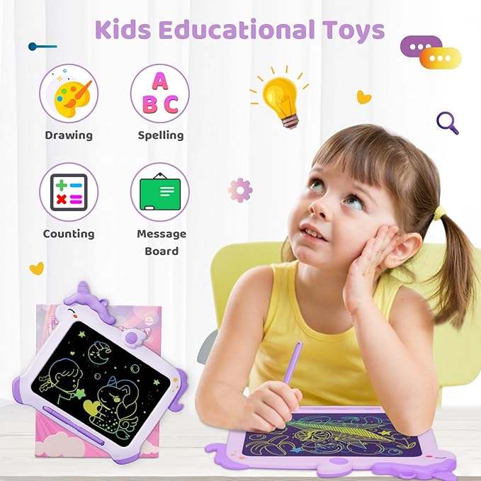 Kikapabi LCD Writing Tablet for Kids, Unicorn Toys Gifts for 3 4 5 6 7 Year Old Girls, Colorful Drawing Doodle Board, Toddler Educational Travel Toys Christmas Birthday Purple