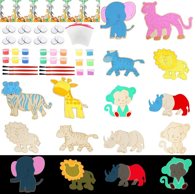 LARDUX Safari Party Favors, 24PCS DIY Wooden Painting Crafts - 8 Styles Animal Shape Unfinished Woodchips Cutouts Craft Kits with Glow in The Dark Paint DIY Party Favors Birthday Party Decorations