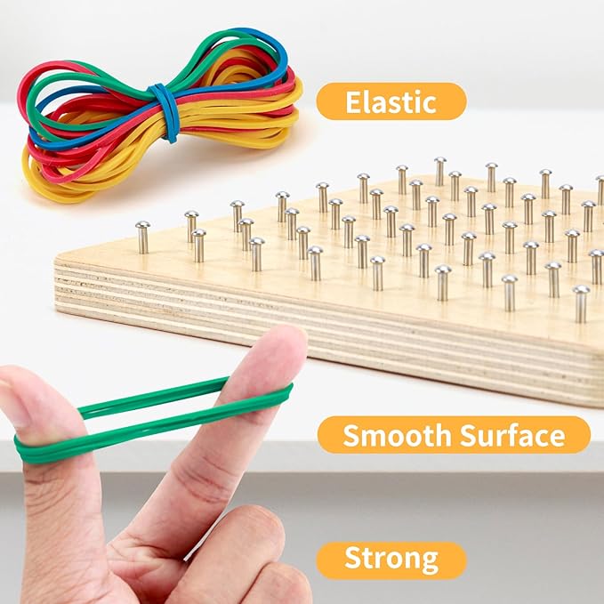 HEELWIRE Wooden Geoboard,Montessori Toy,Graphical Mathematical Education Toy for Kids with Pattern Cards and Rubber Bands to Figures and Shapes, Brain Teaser STEM Toy Geo Board., Plus 7*7*0.6in