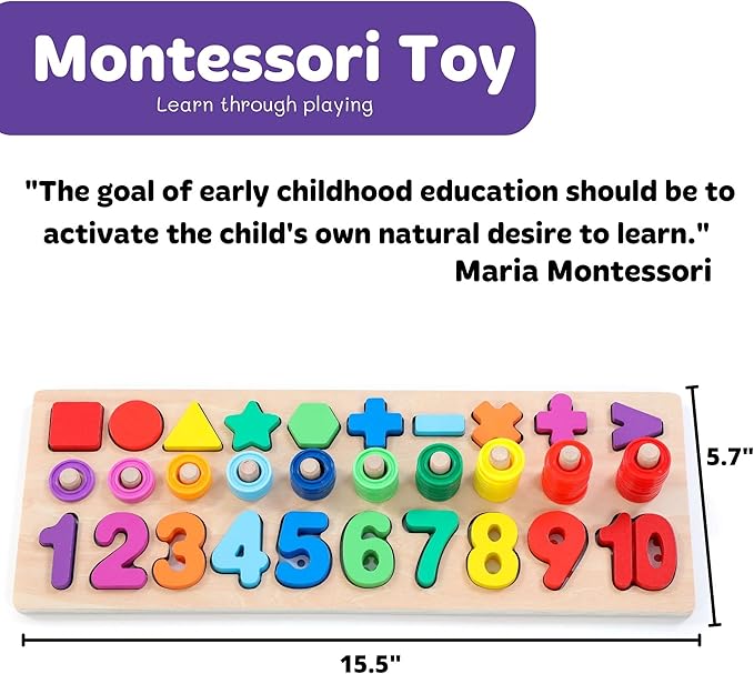 Wooden Montessori Toys for Kids Toddler Number Puzzles Sorter Counting Shape Stacker Stacking Game Preschool Toys for Boy Girl Learning Education Math Blocks Year Old Girl Gifts (Rainbow)
