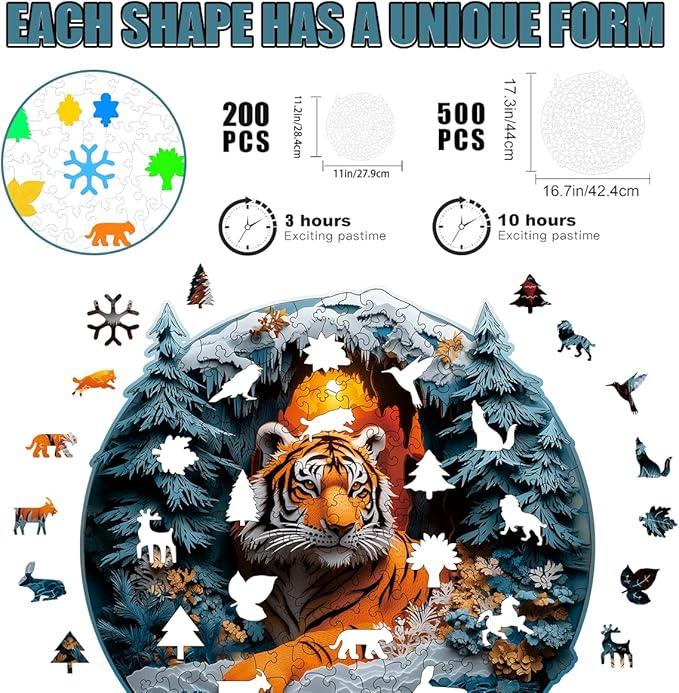 Wooden Jigsaw Puzzle, 200-500 Pieces Unique Shape Animal Puzzle, for Adults & Kids, Birthday Gift Family Game, Decorative Puzzle, Unique Gift (Snow Tiger, 200 PCS)