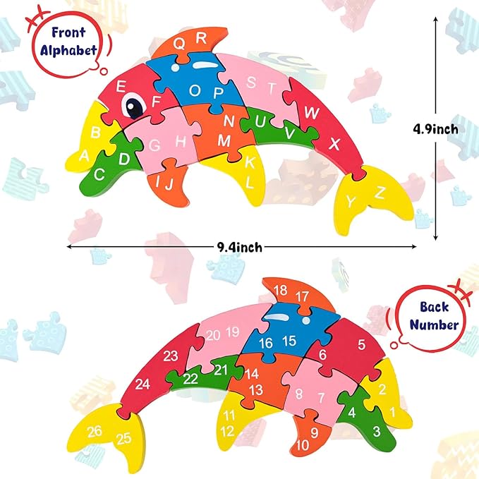 LovesTown Wooden Puzzle for Toddlers, Educational Alphabet and Number Jigsaw, Building Blocks for Preschool Learning, Dolphin Theme, 26 PCS