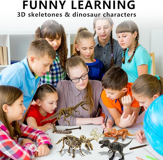 Dinosaur Fossil Dig Kit, Dino Excavation Kits for Kids, Educational Science Kits, Dinosaur Toys for Kids, Dig up 2 3D Skeleton Puzzles and 2 Dino Figures Including T-Rex, Triceratops