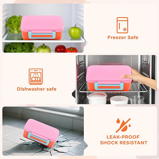 MAISON HUIS Kids Bento Box Set - Includes 8oz Soup Thermo, Insulated Lunch Bag & 17oz Stainless Steel Water Bottle, 5-Compartment Bento Box with Built-In Ice Pack, Leak-Proof & BPA-Free(Pink)