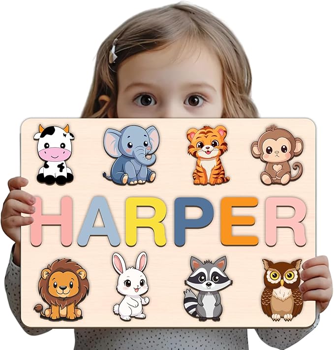 LOVELYPOD Personalized Name Puzzle for Kids, Custom Name Puzzles for Toddlers 1-3 Animal Puzzle, Customized 1st Birthday for Girls & Boys Wooden Toys for Kids, for New Baby - Style 4