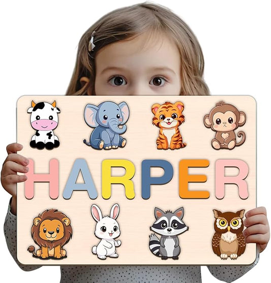 LOVELYPOD Personalized Name Puzzle for Kids, Custom Name Puzzles for Toddlers 1-3 Animal Puzzle, Customized 1st Birthday for Girls & Boys Wooden Toys for Kids, for New Baby - Style 4