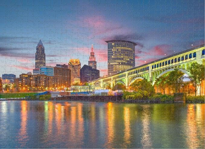 Retro Adult Puzzle 1000 Pieces Cleveland Ohio Skyline Puzzles for Players Who Like to Challenge The Difficult and Unlock More Complex Patterns in Hd - Rounded Corners Wooden