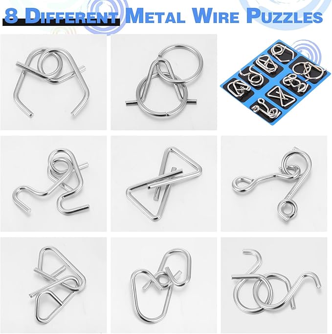Yilloog Metal Wire Puzzle Set of 8 with Pouch, Brain Teaser Puzzles IQ Test Ring Disentanglement Unlock Interlock Game Trick Metal for Party Favor Challenge(C Style)