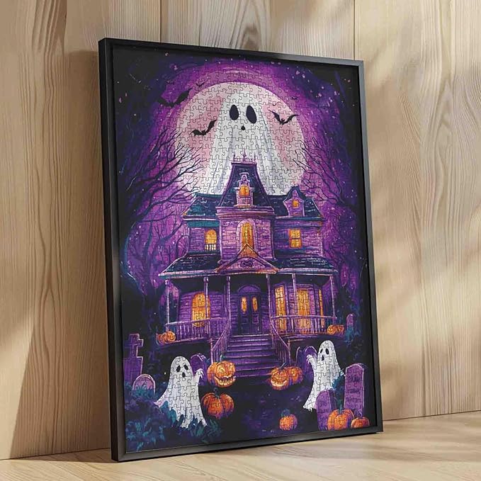 Haunted House Puzzle 1000 Pieces for Adults Ghosts Pumpkins and Full Moon Jigsaw Puzzle Spooky Mansion Night Scene Puzzles Fun Fall Indoor Activity for Women Men Halloween Puzzle Gift Decoration