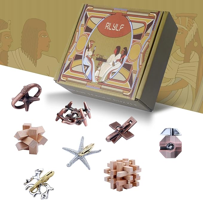 8 Pieces Wooden and Metal Brain Teaser Puzzles 3D Education Toys for Adults and Kids IQ Logic Training Family Game Party Favor Coffee Table Time Unlock Interlock Mind Puzzles Box