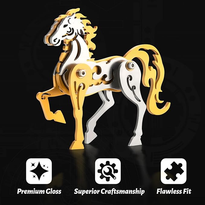 3D Metal Puzzles,3D Metal Puzzle for Adults,Mechanical Model Kit Zodiac Horse Gold,Steel 3D Puzzles Stainless Steel Ornaments for Adults Home Decor Art Craft Gifts Toys.