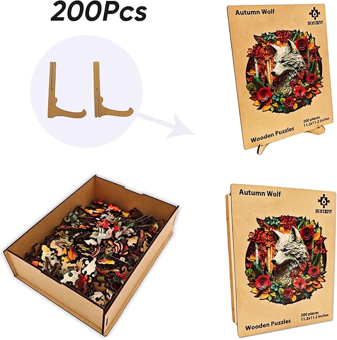 Wooden Jigsaw Puzzle, 200-500 Pieces Unique Shape Animal Puzzle, for Adults & Kids, Birthday Gift Family Game, Decorative Puzzle, Unique Gift (Autumn Wolf, 200 PCS)
