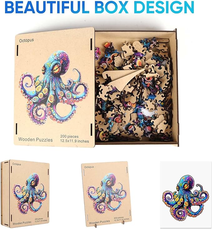 Wooden Jigsaw Puzzle, 500 Pcs Unique 3D Shape Jigsaw Puzzles, Wood Puzzle Gift Box Packing, Medium Size Letter, Creative Gift for Adults and Kids, Fun Challenging (EA2Octopus, 500PCS)