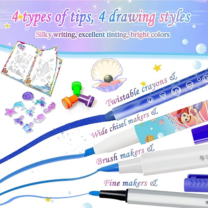 weirtoya 56 PCS Washable Scented Markers Set with Glitter Pencil Case, Mermaid Unicorn Arts and Crafts for kids 4-6-8 Kids Coloring Drawing Kits for 4-8 Years Old Girls Birthday Gifts