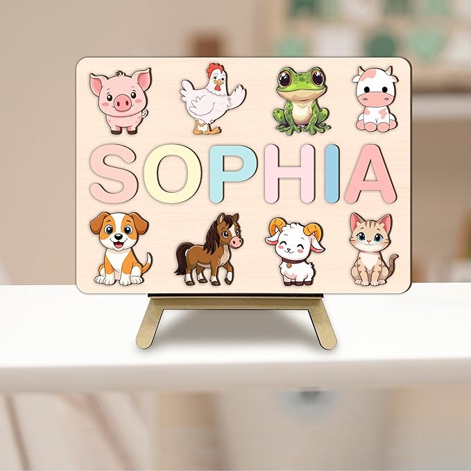 LOVELYPOD Personalized Name Puzzle for Kids, Custom Name Puzzles for Toddlers 1-3 Animal Puzzle, Customized 1st Birthday for Girls & Boys Wooden Toys for Kids, for New Baby - Style 4