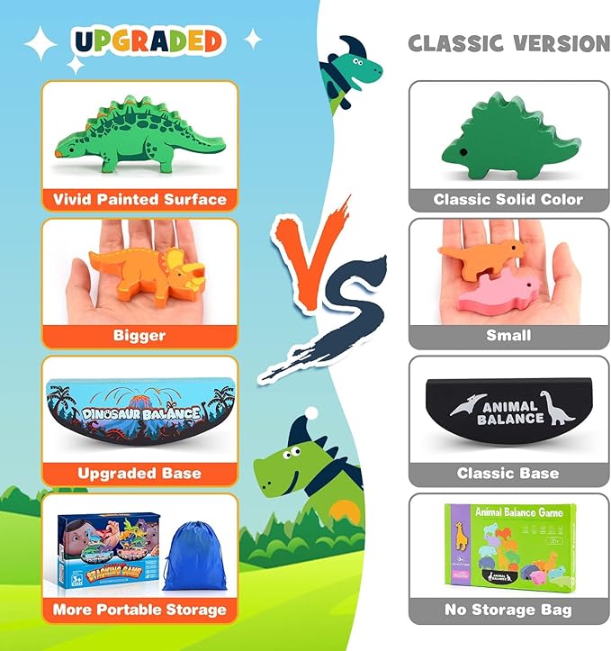 Dinosaur Toys for Kids 3-5: Wooden Stacking Montessori Toys for 3 4 5 6 7 Year Old Balance Competition Game for Family Ideal Christmas Birthday Gifts for Kids Ages 3-7 (Double Version)