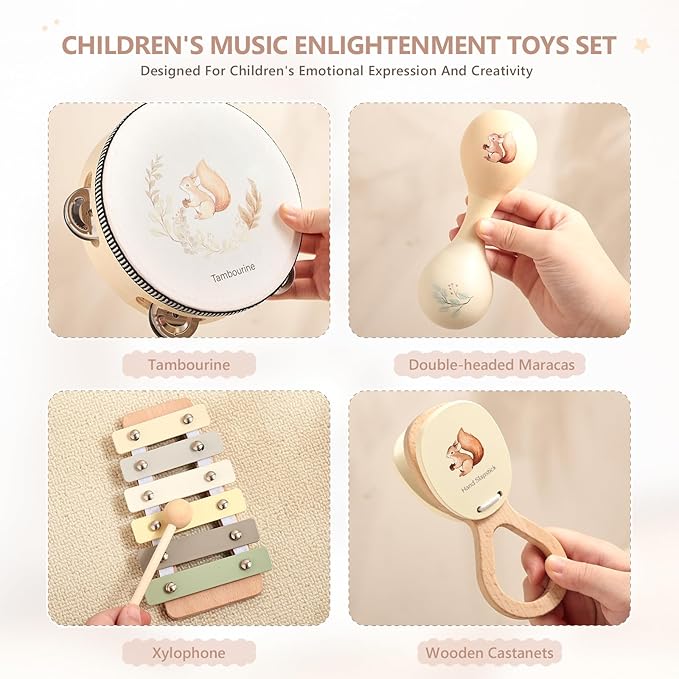 Baby Wooden Montessori Musical Instruments Set for Toddlers - Neutral Colors Percussion Set With Modern Boho Xylophone Tambourine - Educational Toys for Preschool Kids