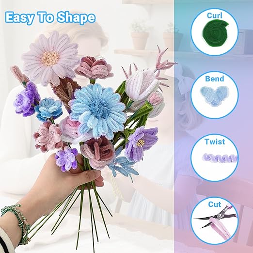 400 Pcs Pipe Cleaners Craft Kit and Craft Supplies Set, 4 Colors Chenille Stems Craft Kits. Includes Floral Tape, Wire, Stems and More, DIY Arts and Crafts Supplies for Flower Making (Purple)