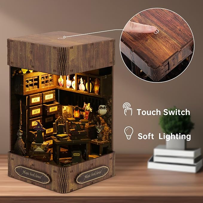Book Nook Kit - DIY Enchanted Cottage Miniature House for Adults & Teens, 3D Wooden Puzzle Booknook with LED Lights, Bookshelf Insert Decor & Creative Model Building（Magic Bookstore）