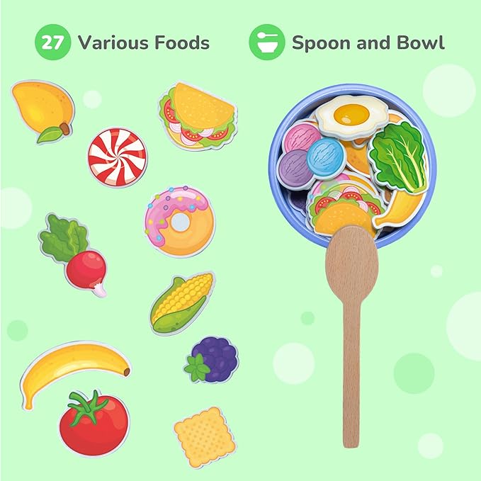Bimi Boo Wooden Feeding Toy - Montessori Scooping Toy for Toddlers 1-4+ - Fine Motor Skills Pretend Play Food Set for Kids (27 Various Foods, a Spoon, Bowl)