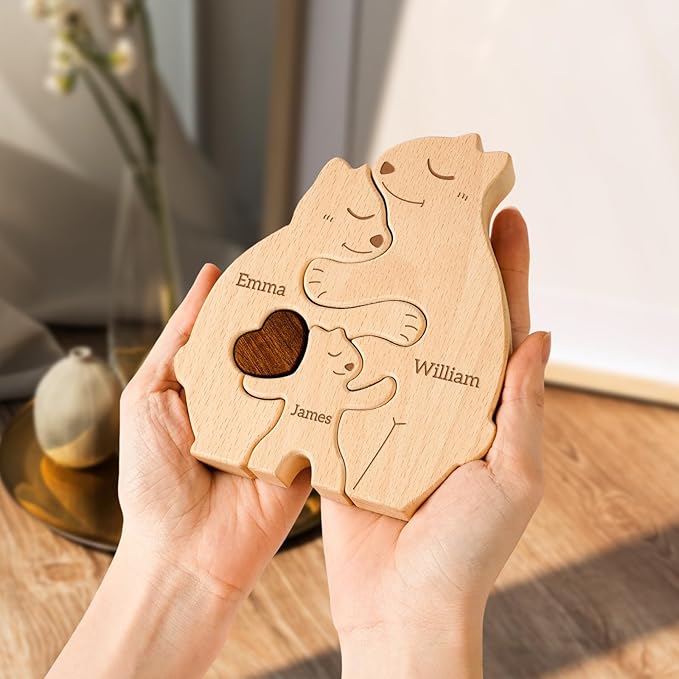 Wooden Bears Family Puzzle, Personalized Puzzles with 2–5 Names, Father's Day Mother's Day Birthday Personalized Gifts for Mom Dad Kids Teen Boys Girls Grandma Toddler