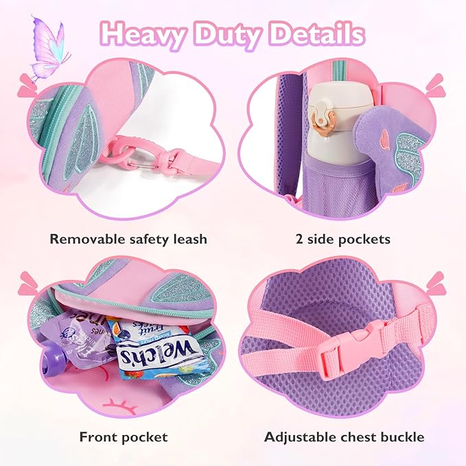 mommore Toddler Backpack for Girls 2-4, 3D Cartoon Cute Kids Backpack Water-Resistant Compact for Travel Preschool with Toddler Leash, Chest Buckle, Butterfly