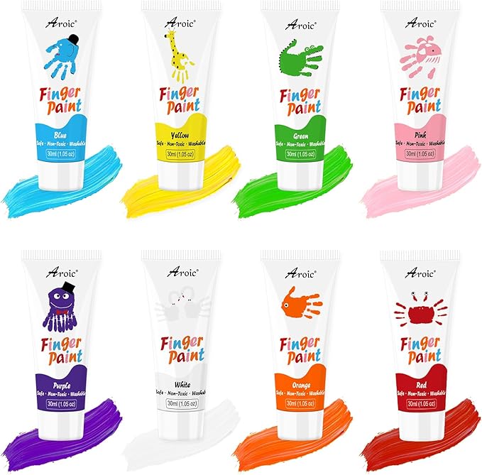 27PCS Kids Washable Finger Paint Set, 8 Colors Non Toxic Finger Paints, Finger Paint Paper, Brushes, Sponges, Art Painting Supplies for Toddlers,Finger Painting Supplies for Kids Boys Girls Gifts