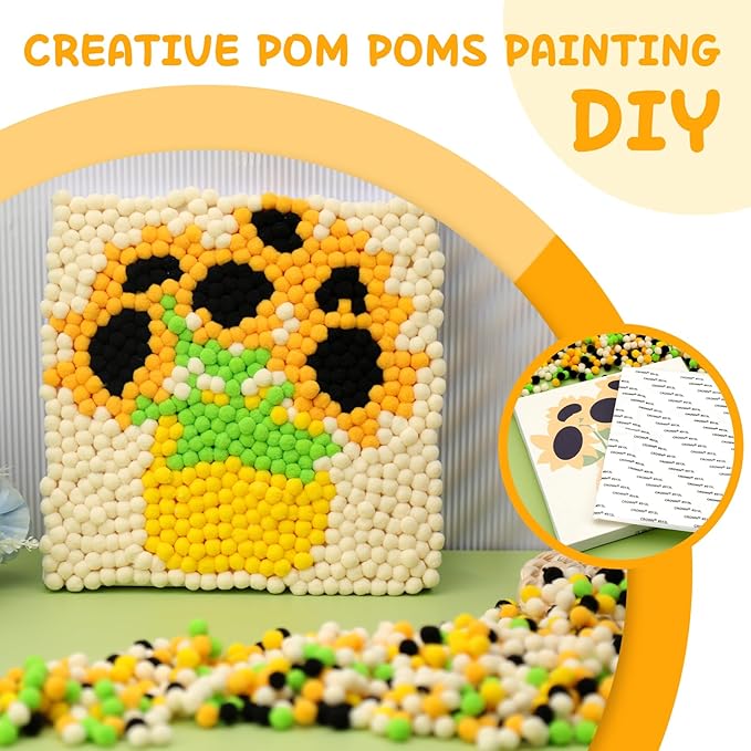 Pom Pom Painting Art Kit for Beginners, Perfect Craft Projects for Adults, Colorful Pom Poms and Supplies Included, DIY Pom Pom Painting on Paint Canvas(Sunflower)