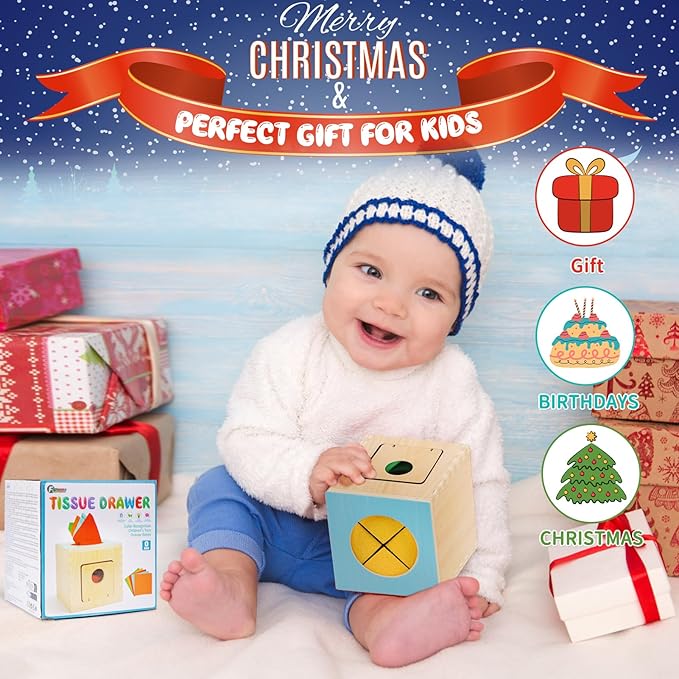 FCSONU Kids Toddler Toys, Montessori Baby Toys 0-6-12 Months, 1 Year Old Wooden Baby Tissue Box Toy for Educational Learning with Cloth Tissues, Boys & Girls Gifts for Birthday Christmas Children Day