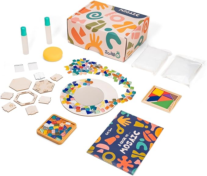 Sculpd Kids Mosaic Kit - Create Your Own Mirror, Trinket Pot and Drink Coaster Mosaics - Includes Tangram Tile Game, Craft Supplies - Mosaic Kits for Kids Birthday Gift Age 4-6 Beginner Arts & Crafts
