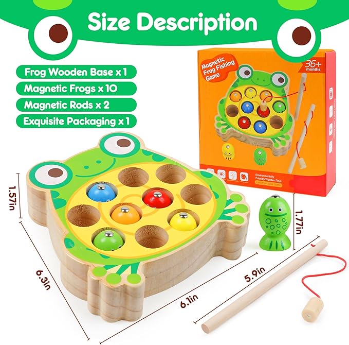 Magnetic Wooden Fishing Game Toys for Toddlers,Wooden Frog Magnets Fishing Learning Color Sorting Puzzle Montessori Preschool Educational Fine Motor Skills for 3 4 5 Years Old Boys Girls