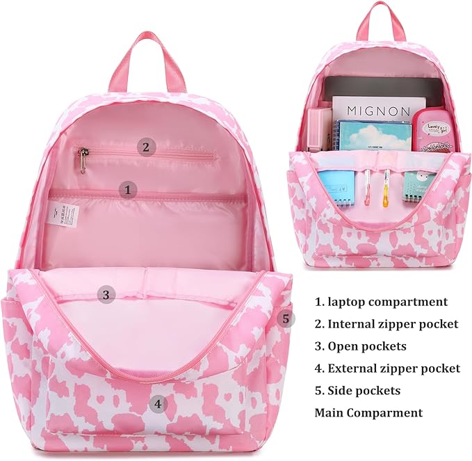 JIANYA Girls Backpack for School, Kids Elementary School Backpacks Water Resistant Pink Cow Print Backpack for Girls with Lunch Box