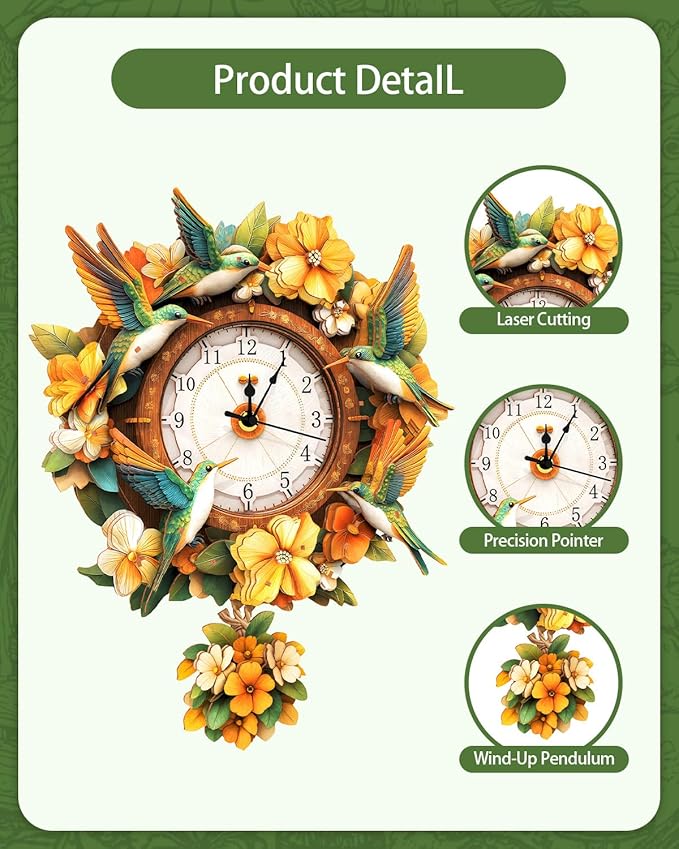 3D Wooden Puzzles for Adults, Hummingbird Clock with Pendulum Model Kit, 3D Puzzles for Adults Room Home Decor DIY Wall Clock Kit, Holiday Birthday for Men Women Teens