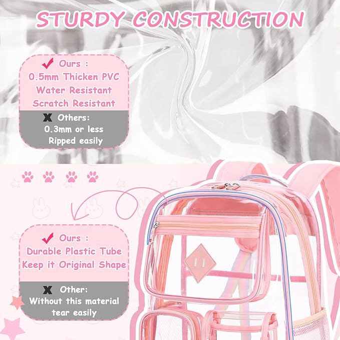 Clear Backpack for School,Heavy Duty PVC Transparent Bookbag for Girls Stadium Approved See Through Backpack