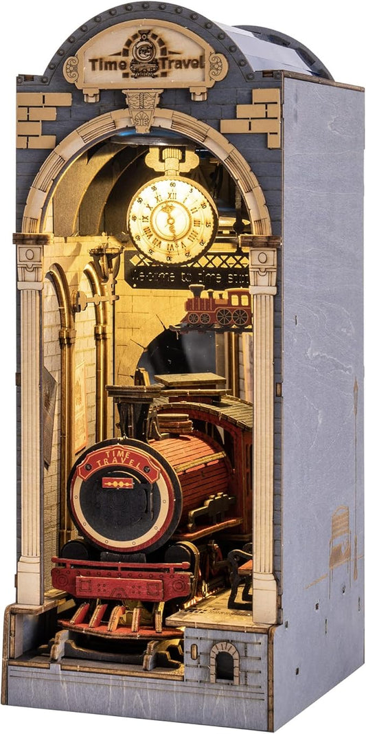 Rowood DIY Book Nook Kit, Bookshelf Insert Decor 3D Wooden Puzzle Model Kit, Bookend Building Set with LED Light - Time Travel