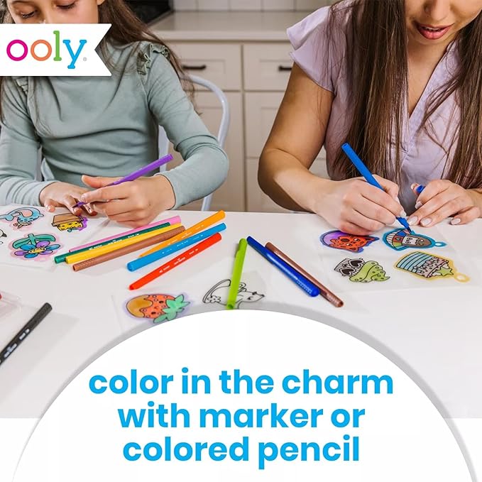 Ooly Shrink-Its 28 PC DIY Shrinking Art Kit That Creates Charms and Tags, Includes 20 Plastic Pre Cut Charms and More, No Mess Art for Kids, DIY Gifts for Kids, Ideal Party Favor - Cute Crew