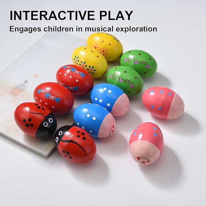 Easter Basket Stuffers, 12 Pcs Wooden Easter Eggs for Kids Babies, Egg Shakers Musical Percussion Instruments for Valentines Easter