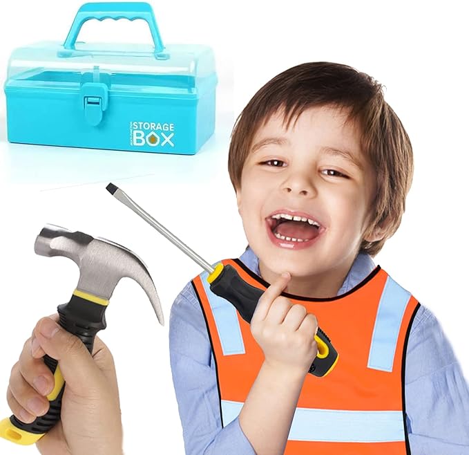 Kids Real 20Pcs Construction Tool Set with Blue Toolbox and Protective Clothing, Beginner Woodworking Tool Set, Educational Gift