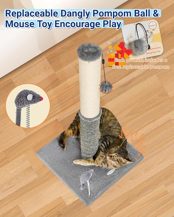 Happi N Pets 29.5" Tall Cat Scratching Post, Cat Scratchers for Indoor Cats, Sisal Scratch Post & Carpet Post in One, Stable Cat Scratch Post with Two Toys, Extra Free Toy, Light Gray
