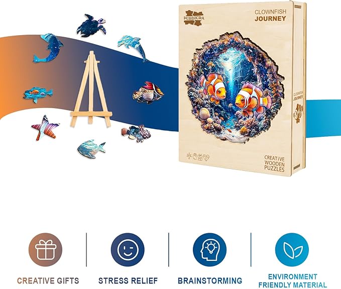 Wooden Puzzles for Adults - Clownfish Journey Wooden Jigsaw Puzzle, Unique Animal Shaped Wood Puzzles Adult, Christmas Birthday Gifts for Friends/Family, Home Decor 13.4 * 13.2in 270pcs