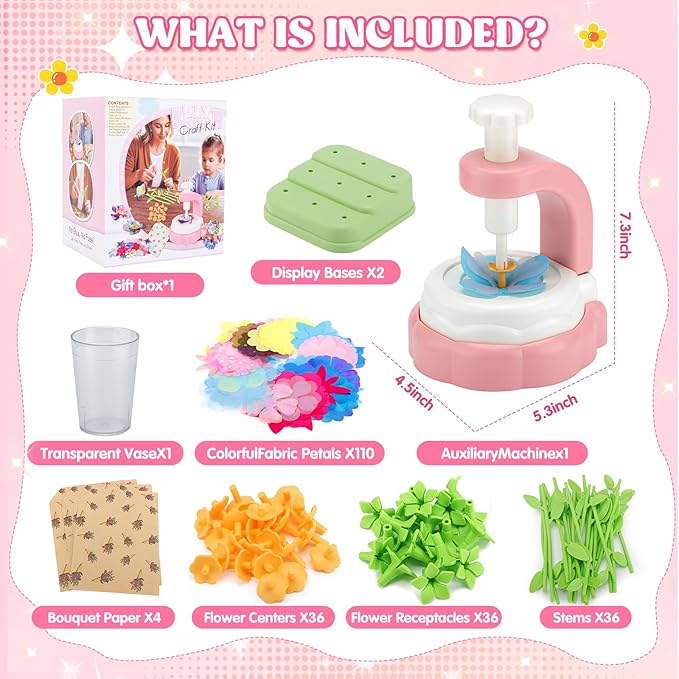 Hunfur DIY Fabric Flower Bouquet Craft Kit for Girls Ages 3-5 4-8,Build Your Own Flower Making Kit Toy,Arts and Crafts for Kids 3 4 5 6 7 8 Year Old Birthday Gift, Preschool Educational Activity