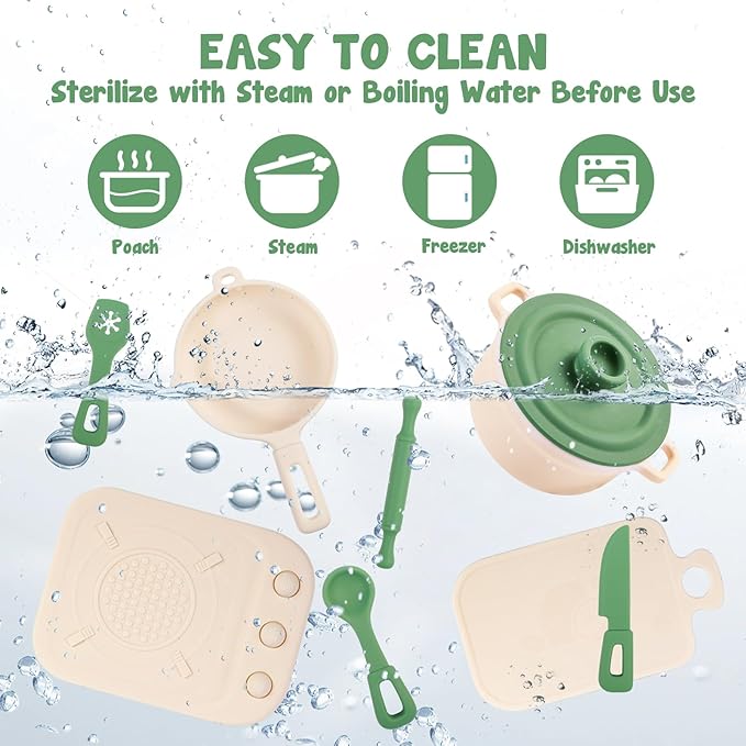 TYRY.HU Play Kitchen Accessories, 11Pcs Pretend Play Toys, BPA Free Silicone Play Kitchen Set, Pretend Play for Toddlers 1-3, Pretend Cooking Playset Cookware Utensils Gifts for Kids Girls Boys, Green