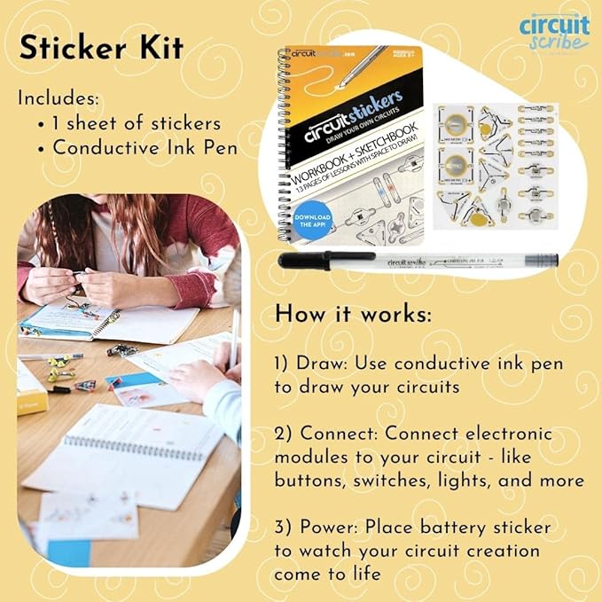 Circuit Scribe Sticker Kit | Circuit Drawing Conductive Ink Pen & 11 Electronic Sticker Modules | Workbook with 27 Lessons | Learning & Education STEM Toy for Ages 8+