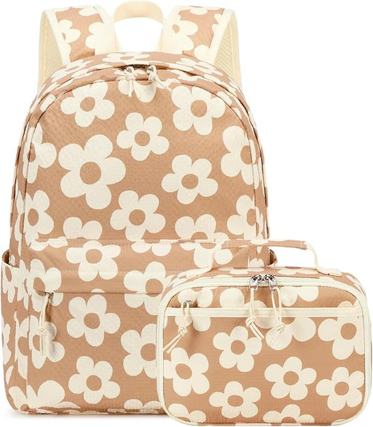LEDAOU Kids School Backpack with Lunch Box for Boy Girl Toddler BookBag School Bag Preschool Kindergarten Backpack (Flower Brown)