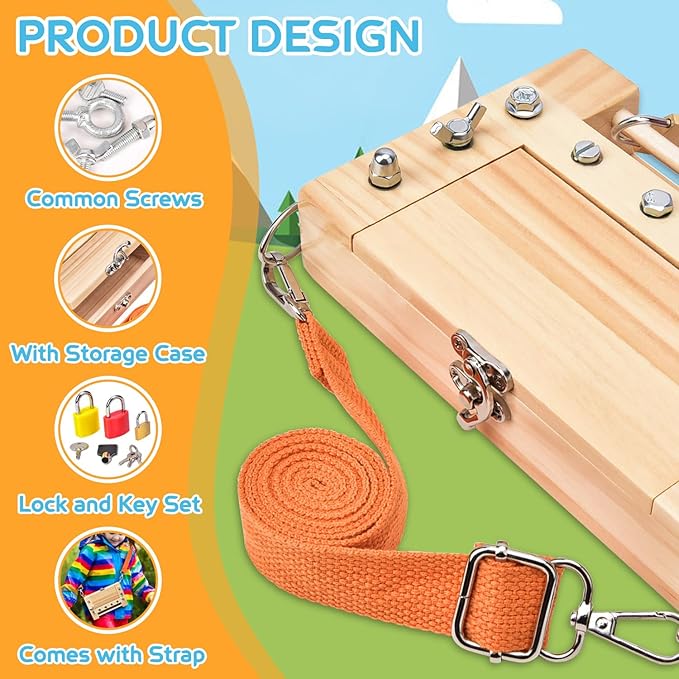 Montessori Screwdriver Board -Lock and Key Toy Set for Kids, Storage Wooden Tools Preschool Toys for 3 4 5 +Year Old, Fine Motor Skills Toys